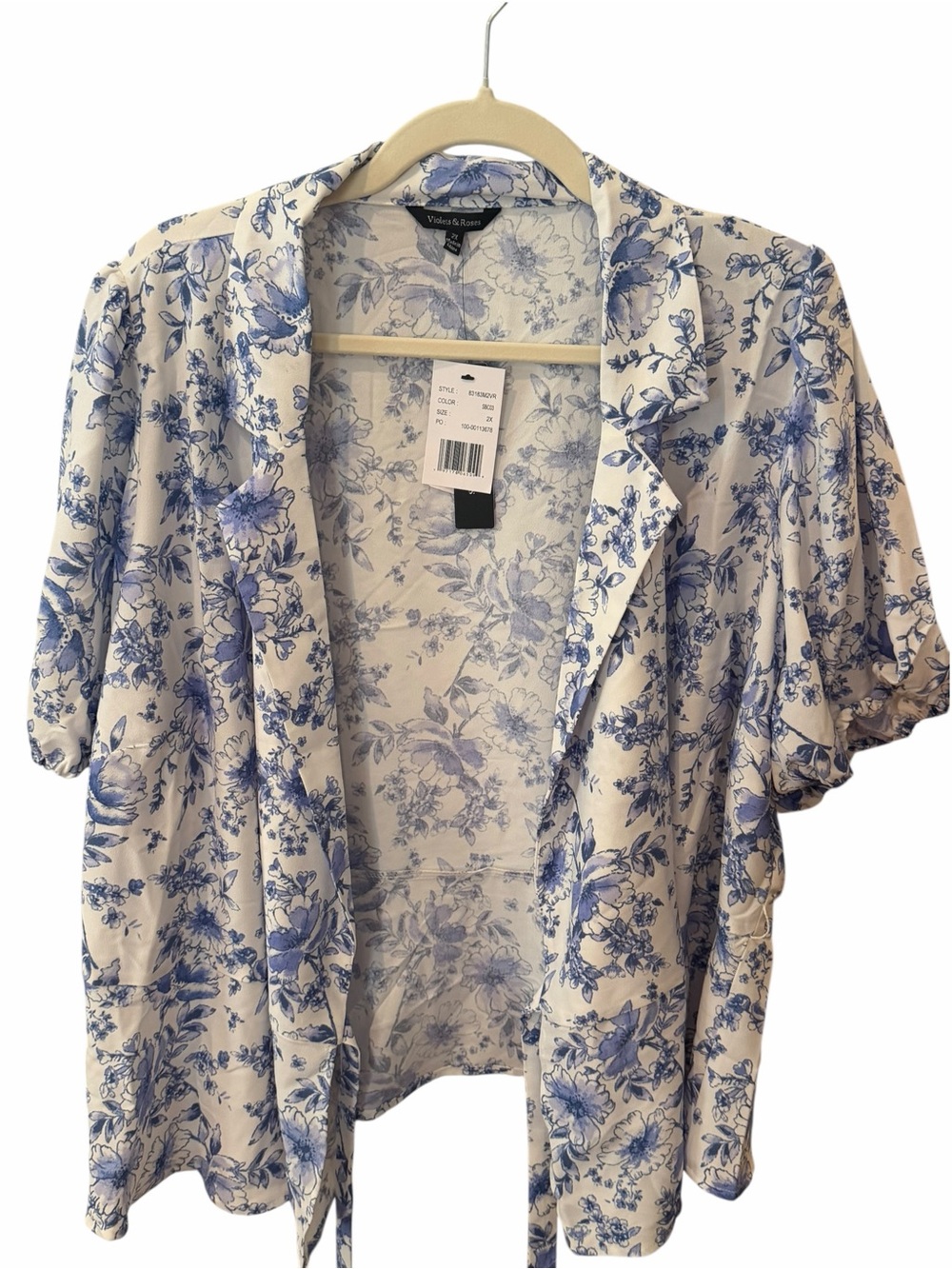 Violets & Roses 2X Blue White Floral Tie Front Blazer NWT